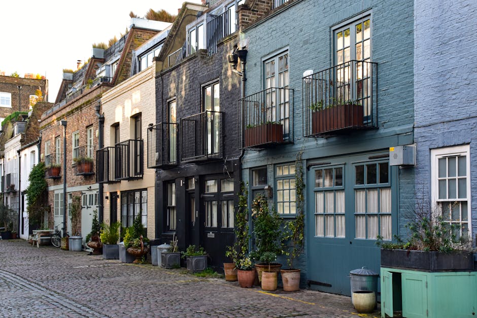 A row of historic, multi-story terraced houses with colorful facades in shades of white, black, and blue, featuring small balcony gardens with black metal railings and potted plants. The ground level displays a variety of potted greenery along the cobblestone street, including leafy shrubs and flowering plants, with some windows adorned with white curtains. A small bench and garden tools are visible near the house entrances, while the overall scene is illuminated by natural daylight, highlighting the textured brick walls and the diverse plant arrangements that contribute to the charming, well-maintained urban garden environment. Gardeners West Hampstead specializes in garden maintenance and landscaping work for residential properties in this neighborhood, ensuring each outdoor space is neat, inviting, and visually appealing, tailored to the budget outlined in the West Hampstead gardeners price guide NW6.